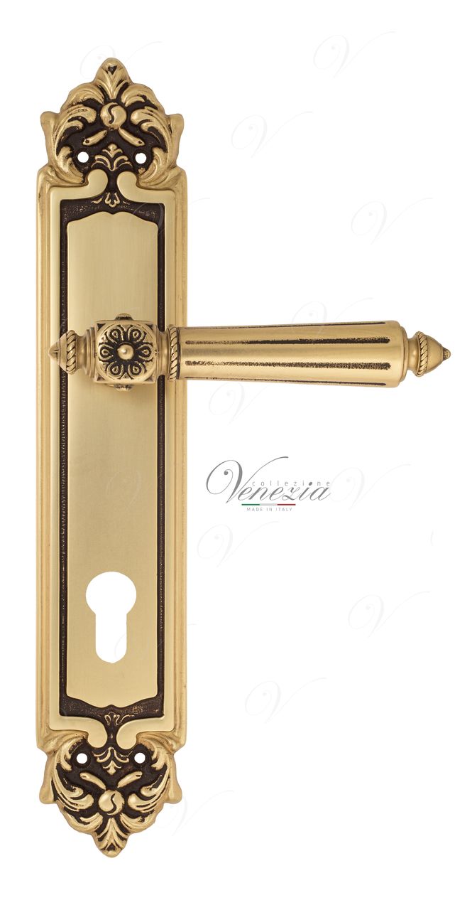 Door Handle Venezia  CASTELLO  CYL On Backplate PL96 French Gold + Brown