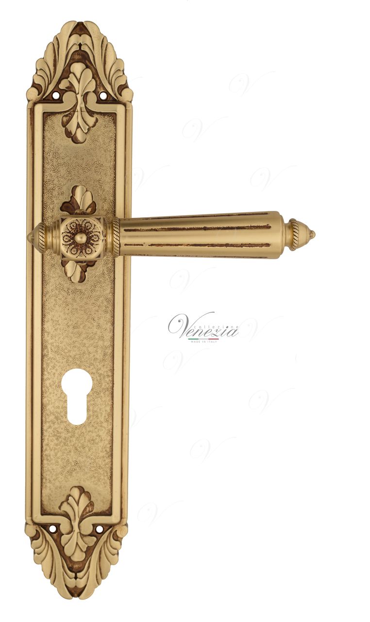 Door Handle Venezia  CASTELLO  CYL On Backplate PL90 French Gold + Brown