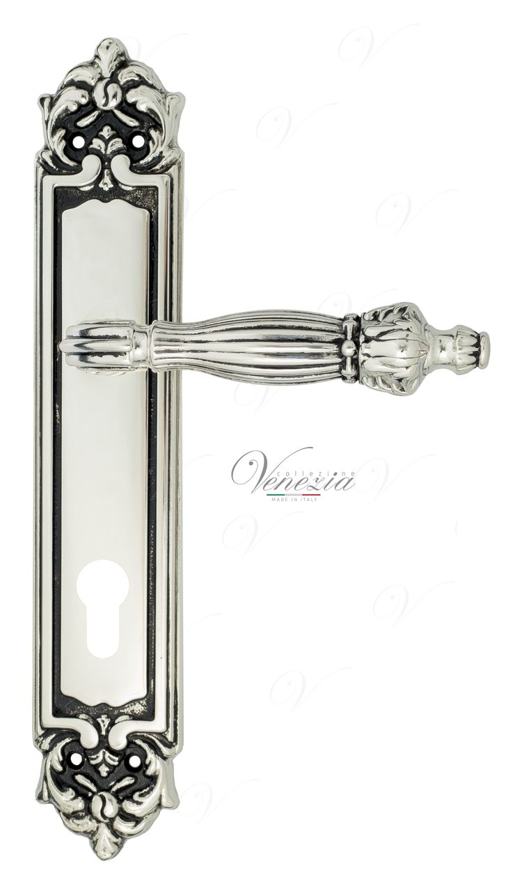 Door Handle Venezia  OLIMPO  CYL On Backplate PL96 Natural Silver + Black