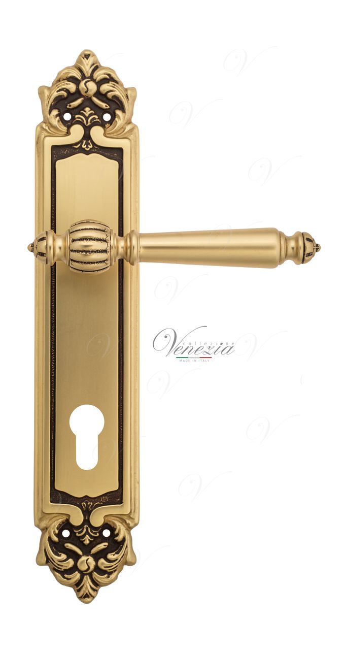 Door Handle Venezia  PELLESTRINA  CYL On Backplate PL96 French Gold + Brown