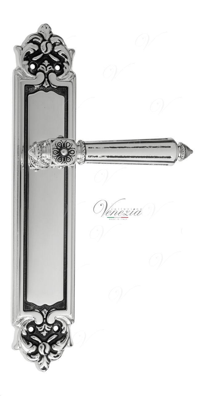 Door Handle Venezia  CASTELLO  On Backplate PL96 Natural Silver + Black