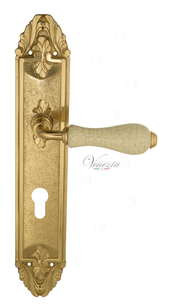 Door Handle Venezia  COLOSSEO  White Ceramic Gossamer CYL On Backplate PL90 Polished Brass